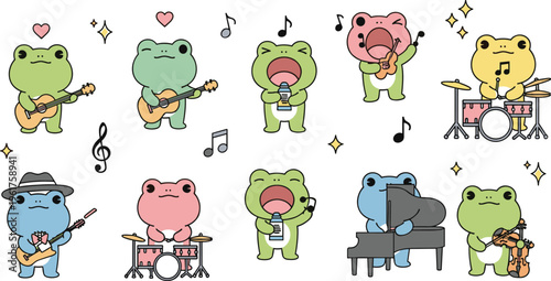 Cute frog band cartoon set with guitar piano drums singing and music performance characters colorful kawaii style isolated on white background