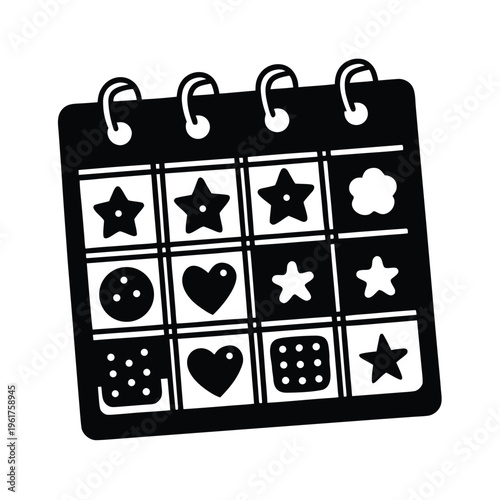 A black and white graphic illustration of a spiral bound calendar featuring various shape icons