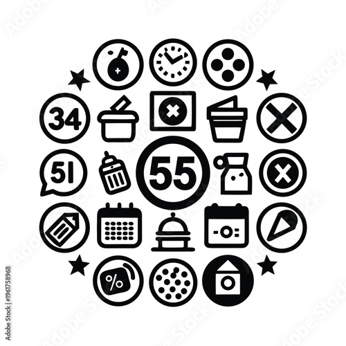 A circular arrangement of various monochrome vector icons representing diverse daily concepts