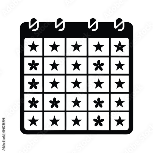A minimalist black and white calendar icon featuring a grid pattern filled with star and flower