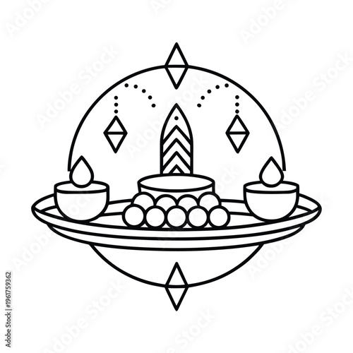 A minimalist line art illustration featuring a traditional diwali prayer thali with oil lamps
