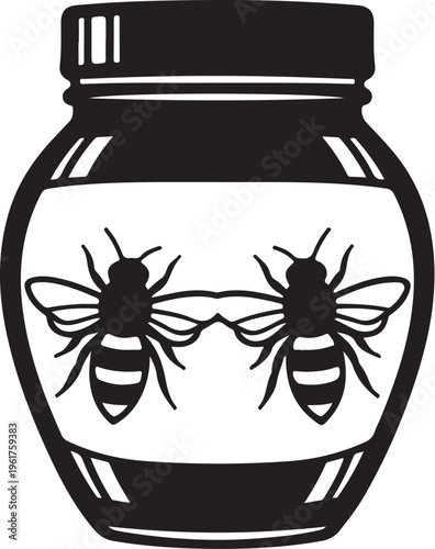 Black and white bee jar icon, honey jar vector, bee illustration, insect container