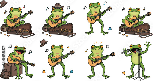 Cute frog musician cartoon set with guitar playing singing and performance scenes in colorful fun style isolated on white background