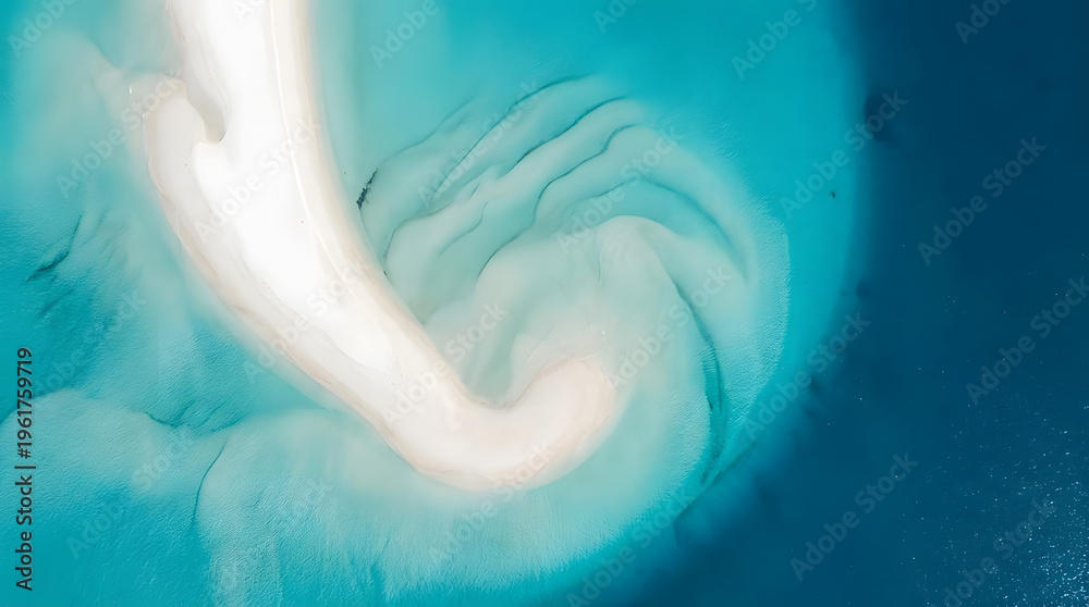 Fototapeta premium Abstract aerial view of swirling turquoise water and sandbar, creating a beautiful natural pattern and texture
