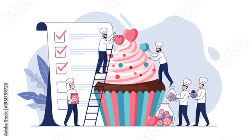 Team of professional pastry chefs decorating a giant cupcake with colorful toppings according to a quality checklist.
