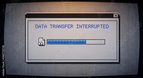 Data transfer interrupted on wooden background with progress bar with user interface.