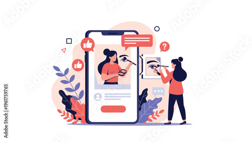 Young female beauty influencer recording a professional makeup tutorial for her followers on a smartphone application.