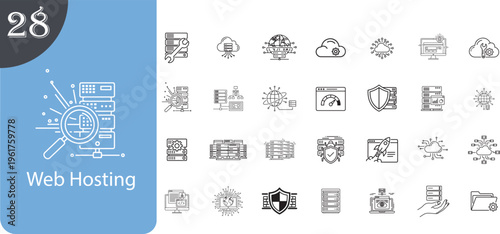 A collection of twenty eight thin line icons representing various web hosting and server concepts