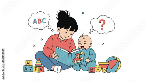Loving mother reading a colorful picture book to her happy baby while surrounded by toys on the floor of a nursery room.