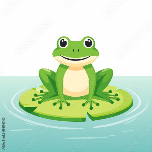Cute cartoon green frog sitting on a lily pad in the water
