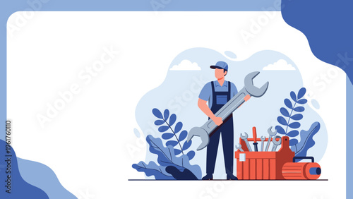 Professional mechanic standing with a giant wrench and a full toolbox to offer repair and maintenance services for vehicles.