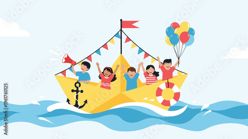 Group of happy children sailing on a giant yellow paper boat across the blue ocean waves with balloons and a megaphone.