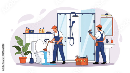 Team of professional plumbers working together to fix a broken toilet and shower leak in a modern bathroom with tile walls.