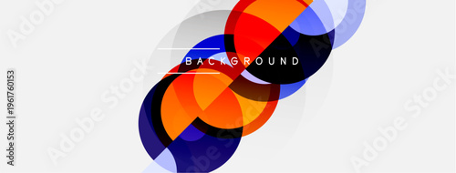 Abstract colorful circles overlap. Modern design features gradients, lines, text background. Bright hues create dynamic visual impact.