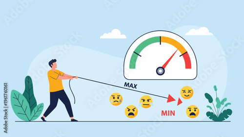 Determined man pulling a rope to manage his stress levels and move from angry to calm emotional states on a gauge.