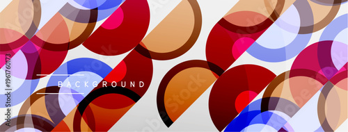 Abstract circles overlap, creating vibrant colorful background. Modern design features translucent shapes, dynamic composition.