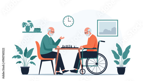 Two senior friends enjoying a strategic game of chess in a cozy living room, including one man in a wheelchair near a window with plants.