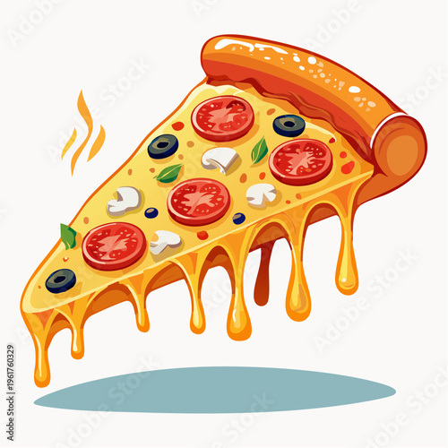 Vibrant illustration of a mouthwatering pizza slice, featuring gooey cheese and classic savory ingredients