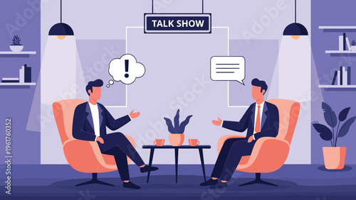 Two professional men in suits having an engaging discussion on talk show set with speech bubbles representing dialogue.