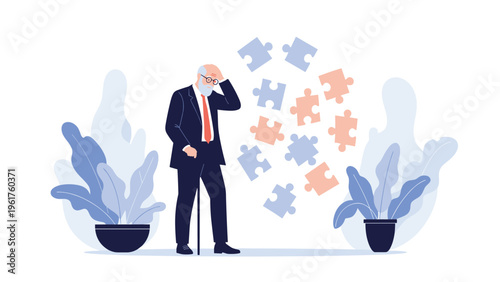 Confused elderly businessman with walking cane standing near floating puzzle pieces representing memory loss or problem solving.