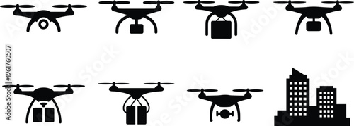 Drone silhouette illustration featuring delivery, surveillance, and cargo transport with city skyline, symbolizing logistics, technology, and modern urban infrastructure design projects
