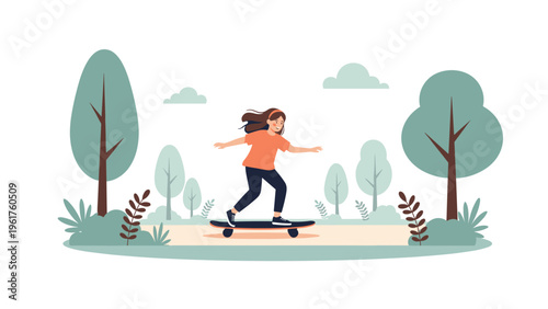 Active and happy young woman enjoying skateboarding on paved path through beautiful green park with trees under clear blue sky.