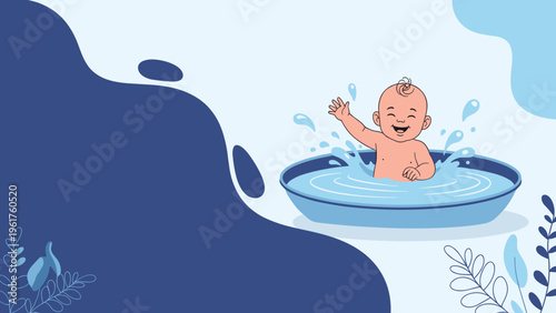 Happy baby splashing joyfully in small blue bathtub with water droplets and floral patterns on abstract background.