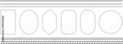 Collection of braided rope lines and various shaped frames on a clean white background