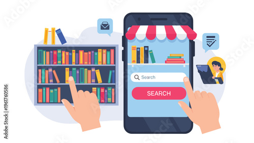 Hands using digital smartphone and physical bookshelf to search for books in online library or bookstore application.