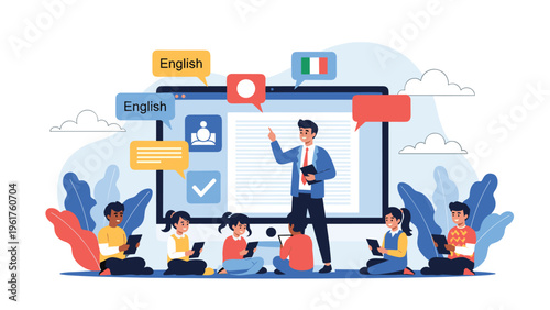 Teacher on large screen teaching diverse group of students using tablets in online language learning classroom environment.