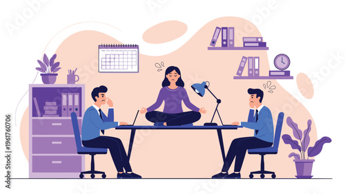 Calm and peaceful woman practicing yoga meditation in office while her male colleagues look stressed and busy with their work.