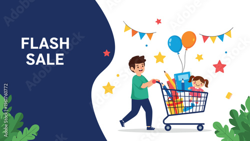 Young boy happily pushing shopping cart filled with colorful toys and school supplies during flash sale event.