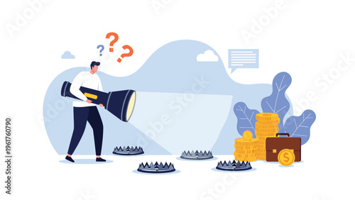 Cautious man holding a large flashlight to avoid dangerous bear traps while walking towards a stack of gold coins and briefcase.