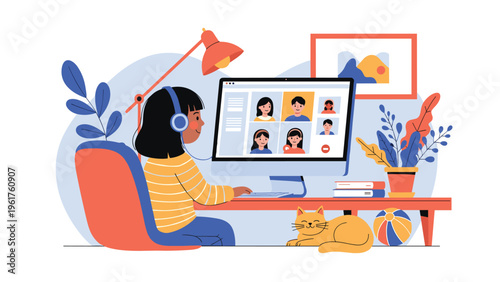 Young student girl with headphones using her desktop computer for online video call classes at home with her cat and toys.