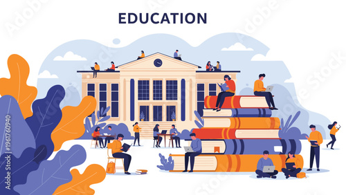 Diverse group of students reading and studying on and around large university building and stacks of giant books.