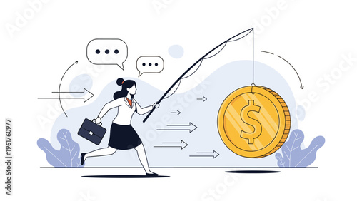 Determined businesswoman running with a briefcase while chasing a large gold dollar coin bait hanging from a fishing rod.