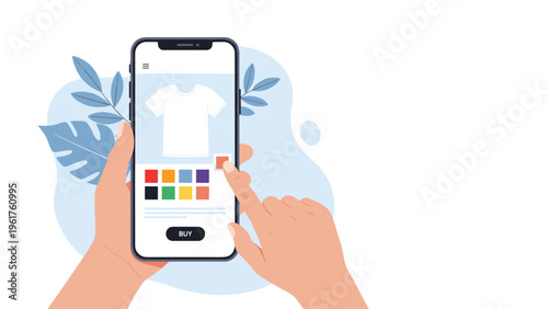 Person using their smartphone to choose a specific color for a t-shirt in an online clothing store application for shopping.