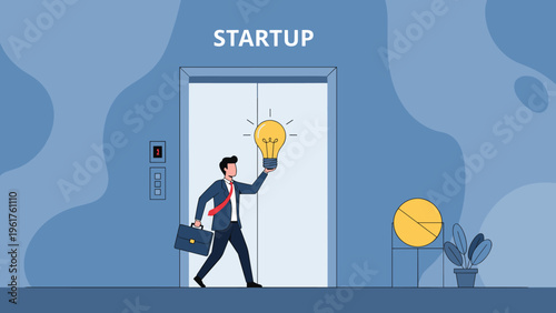 Creative businessman holding bright glowing light bulb while walking out of elevator representing new startup ideas.