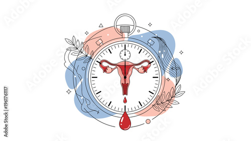 Anatomical illustration of female reproductive system on stopwatch face with blood drops representing menstrual cycle.