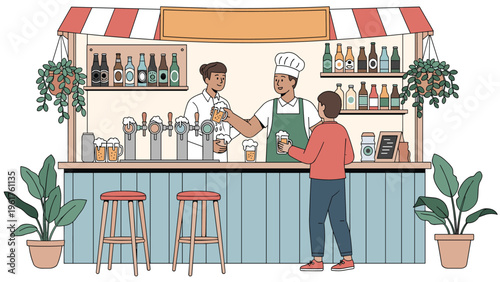 Friendly male vendor serving beer to a customer at an outdoor street stall with various bottles and bar stools in the city.