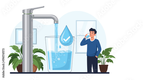 Healthy young man drinking from a glass while standing next to a giant faucet filling a large glass with clean fresh water.