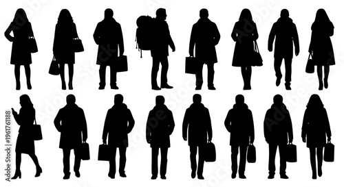 Silhouettes of people related to the theme of shopping. Vector illustration. Transparent background SVG version.