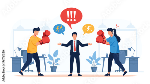 Two office employees wearing boxing gloves engage in a heated argument while a mediator tries to resolve the workplace conflict.