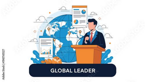 Distinguished speaker stands at a podium giving a presentation on global leadership with world maps and statistical charts.