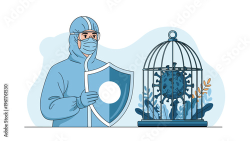 Medical professional in a full hazmat suit holds a shield to protect against a giant virus trapped inside a metal cage.