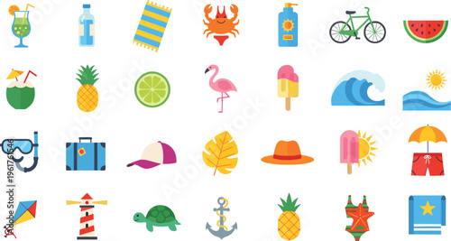 Collection of summer vacation vector icons including beach drink flamingo pineapple sunglasses umbrella wave and tropical holiday elements set