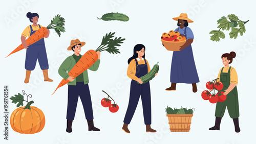 Group of diverse farmers and gardeners proudly display their harvest of fresh organic vegetables like carrots and pumpkins.