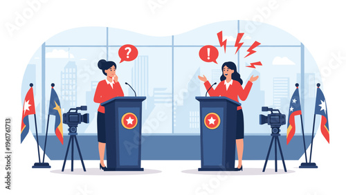 Two female politicians engage in an intense debate at podiums with microphones and television cameras in a city office.