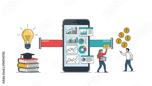 Large mobile phone connected to icons of education and ideas produces financial results and gold coins for its users.