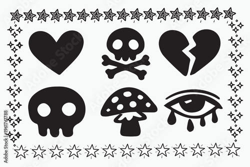 Black and white illustration of various symbolic icons